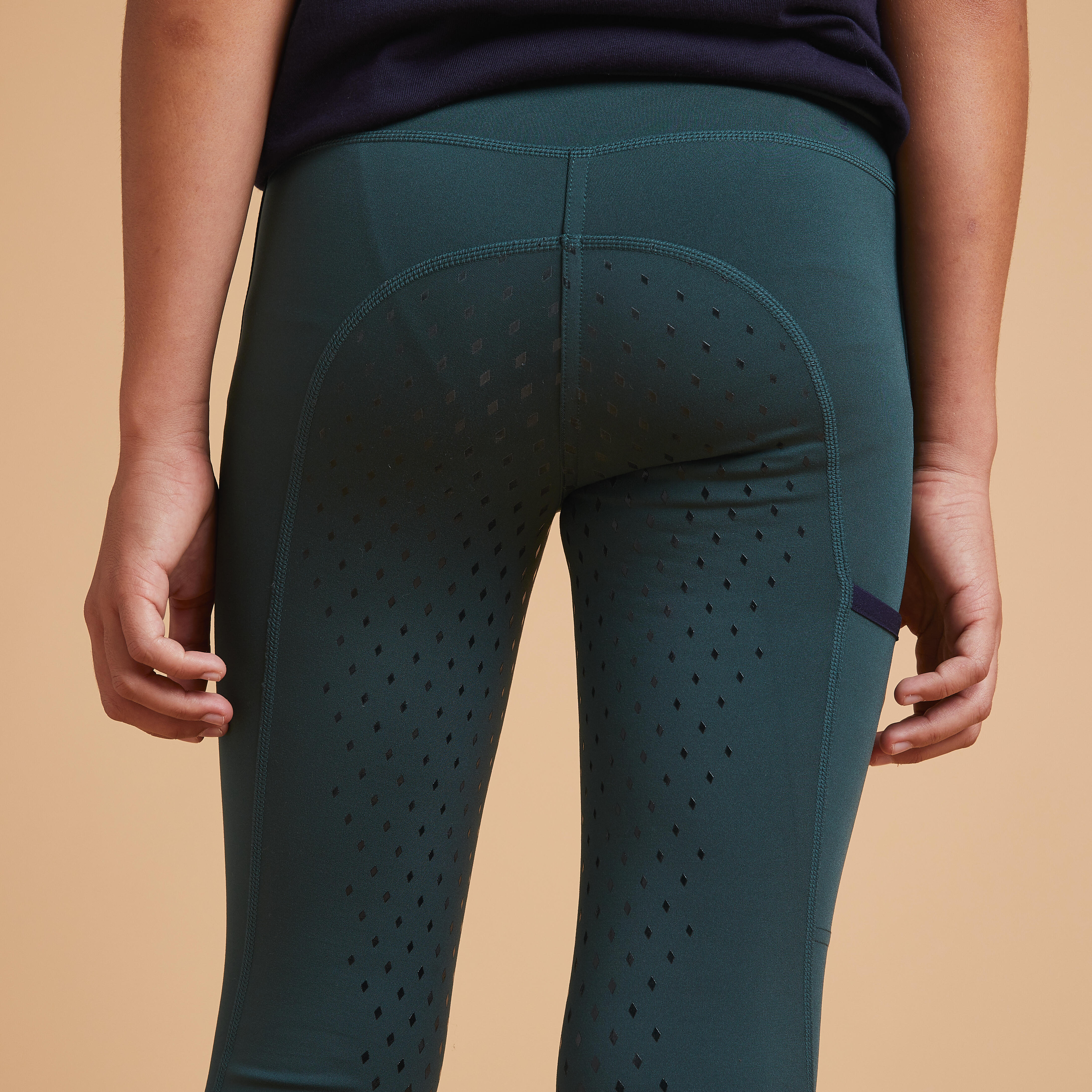 Kids' Horse Riding Fullgrip Leggings - 500 Green - FOUGANZA