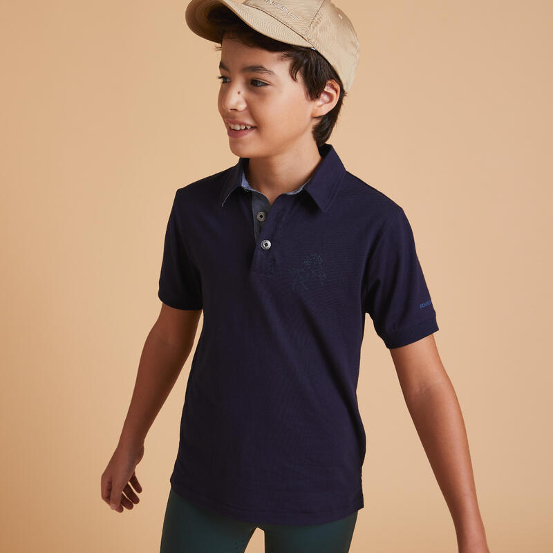 Poloshirt met korte mouwen voor ruitersport jongens 140 marineblauw