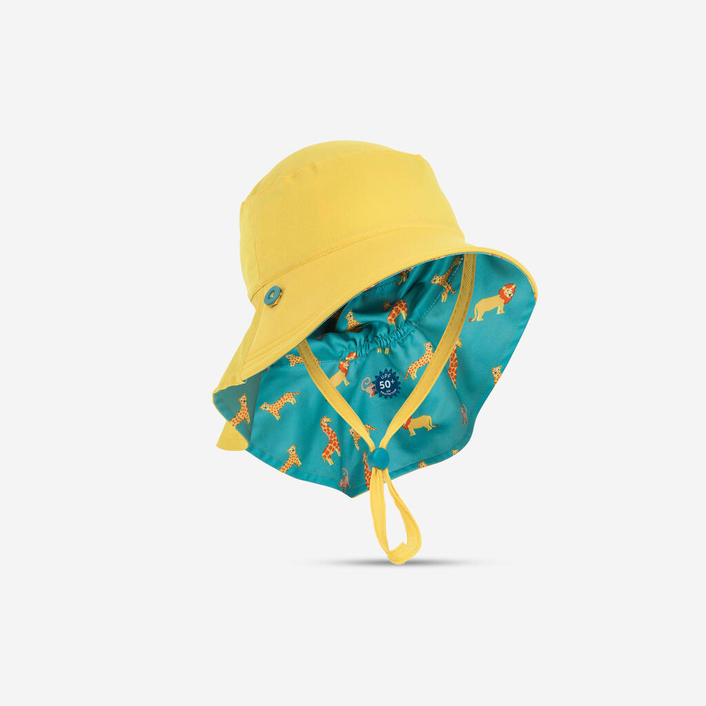 Kūdkių skrybėlė, sauganti nuo UV spindulių, geltona, su savanos piešiniu