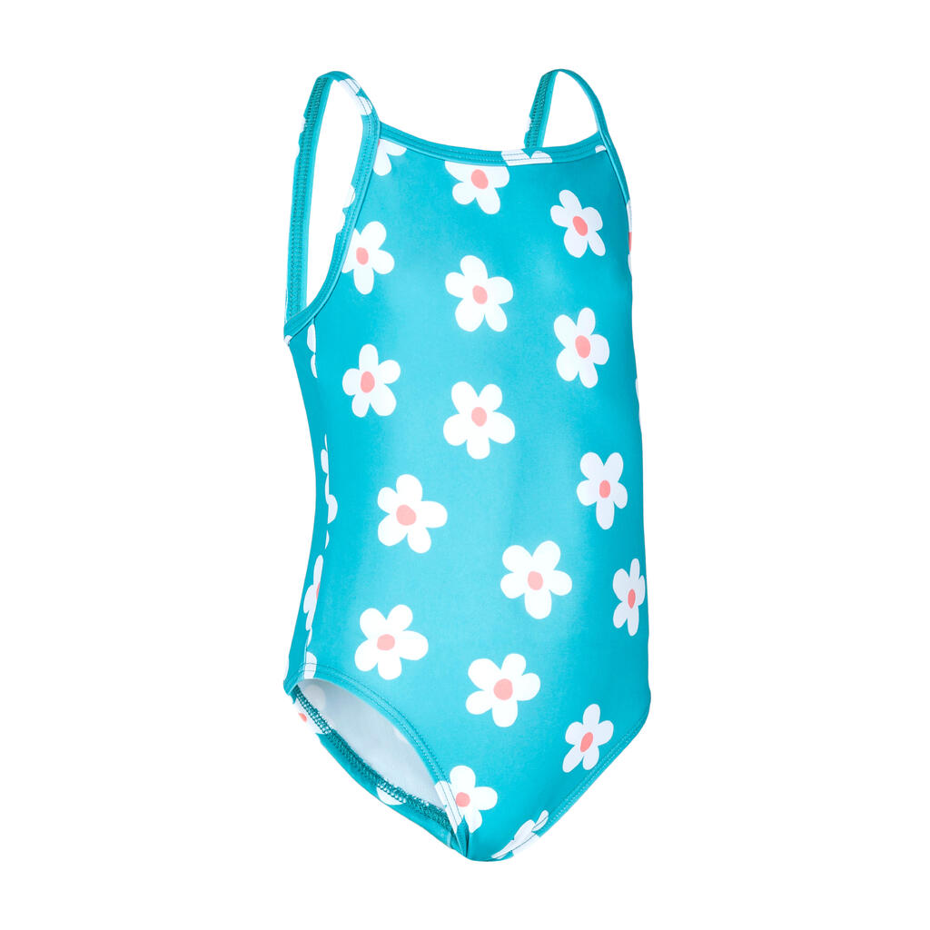 Mergaičių (kūdikių) vientisas maudymosi kostiumėlis, mėlynas, su gėlių raštu