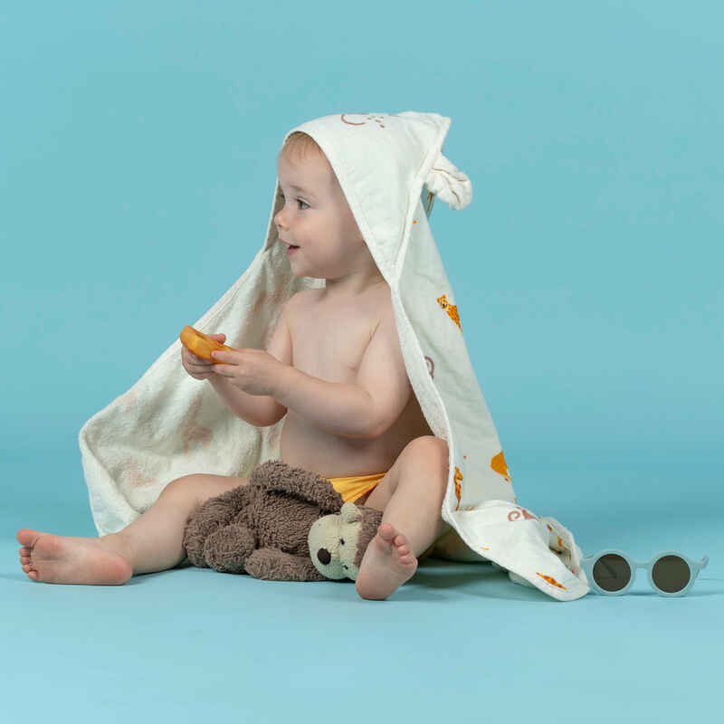 Toalla para bebé con capucha Nabaiji print beige de animalitos - Decathlon