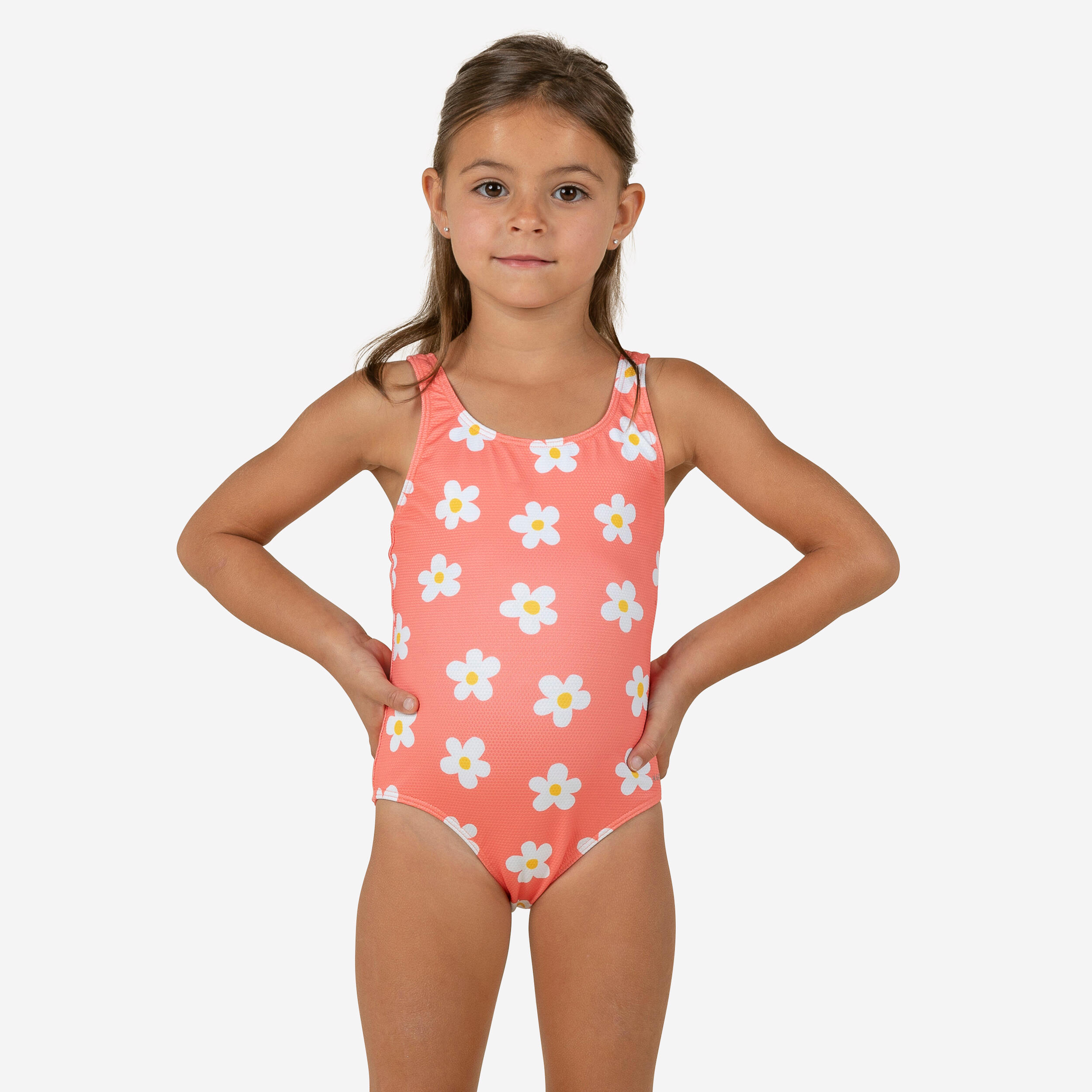 Baby Girls 1 Piece Swimsuit waffle texture coral Flower print