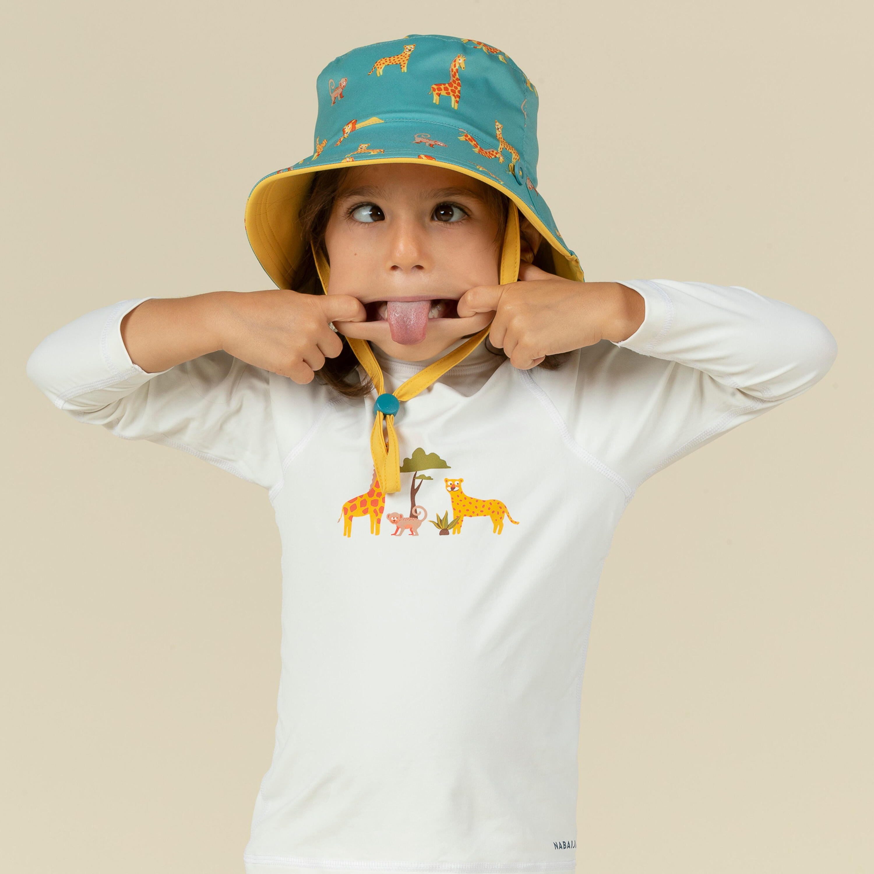 Baby Reversible UV-Protection Hat - Yellow and blue SAVANA print 3/8