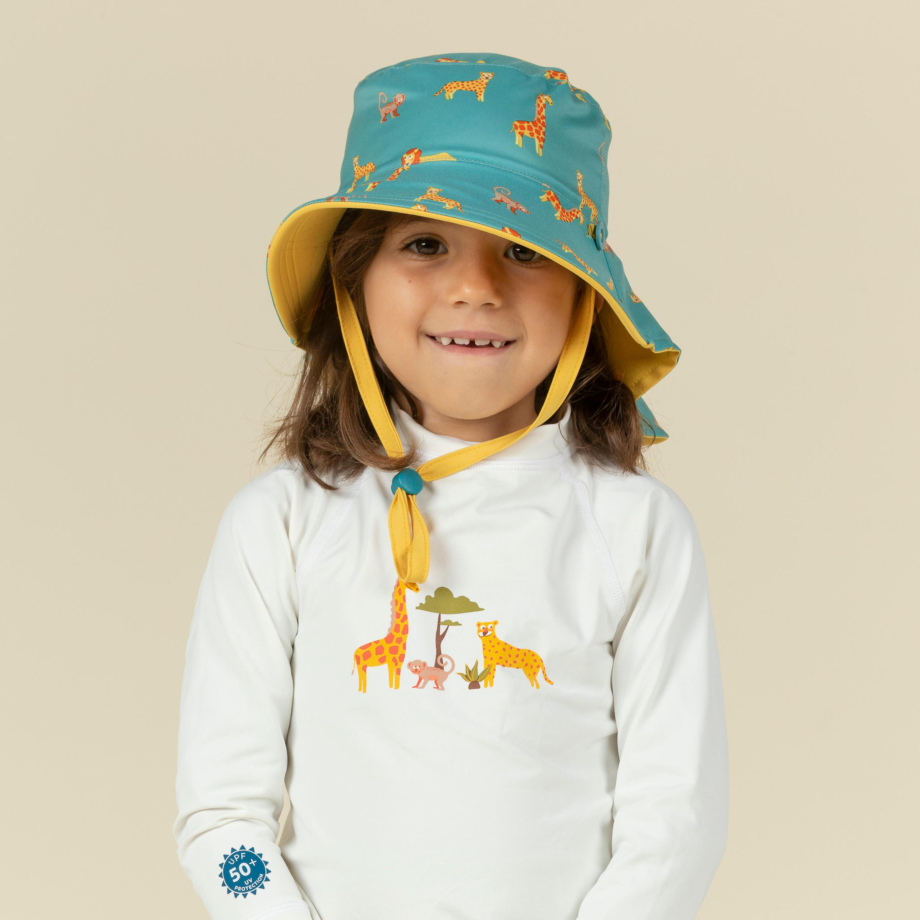Nabaiji Baby UV-Protection Hat Reversible Yellow And Blue Savannah Print