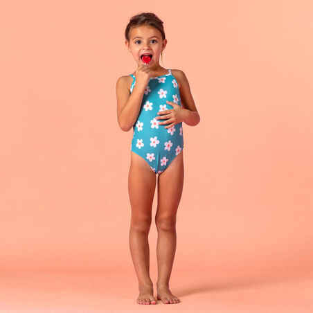 Baby Girls' One-Piece Swimsuit Blue with Flower Print