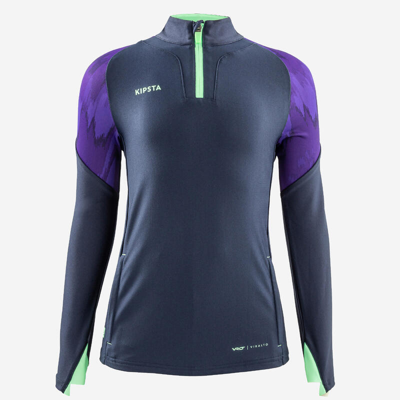 Trainingsshirt voor voetbal kinderen VIRALTO ALPHA halve rits marineblauw paars watergroen