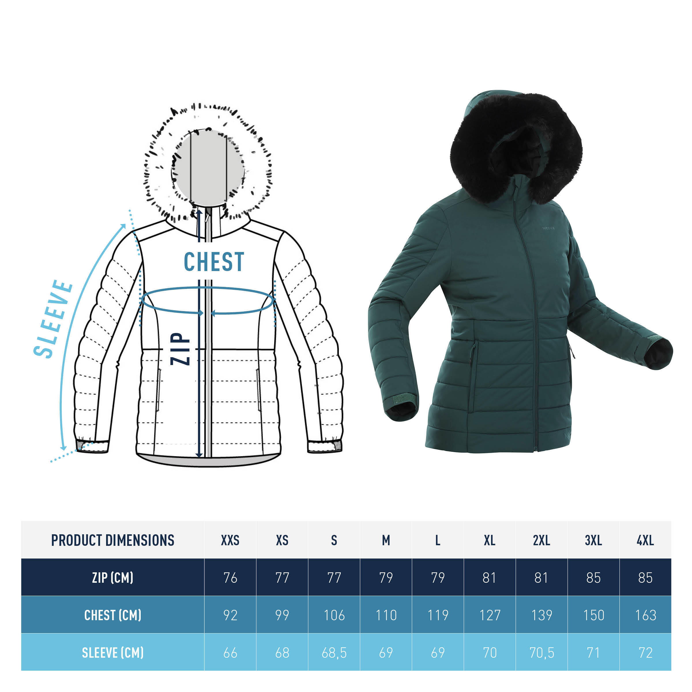 Women's Mid-Length Warm Ski Jacket 100 - Green 12/12