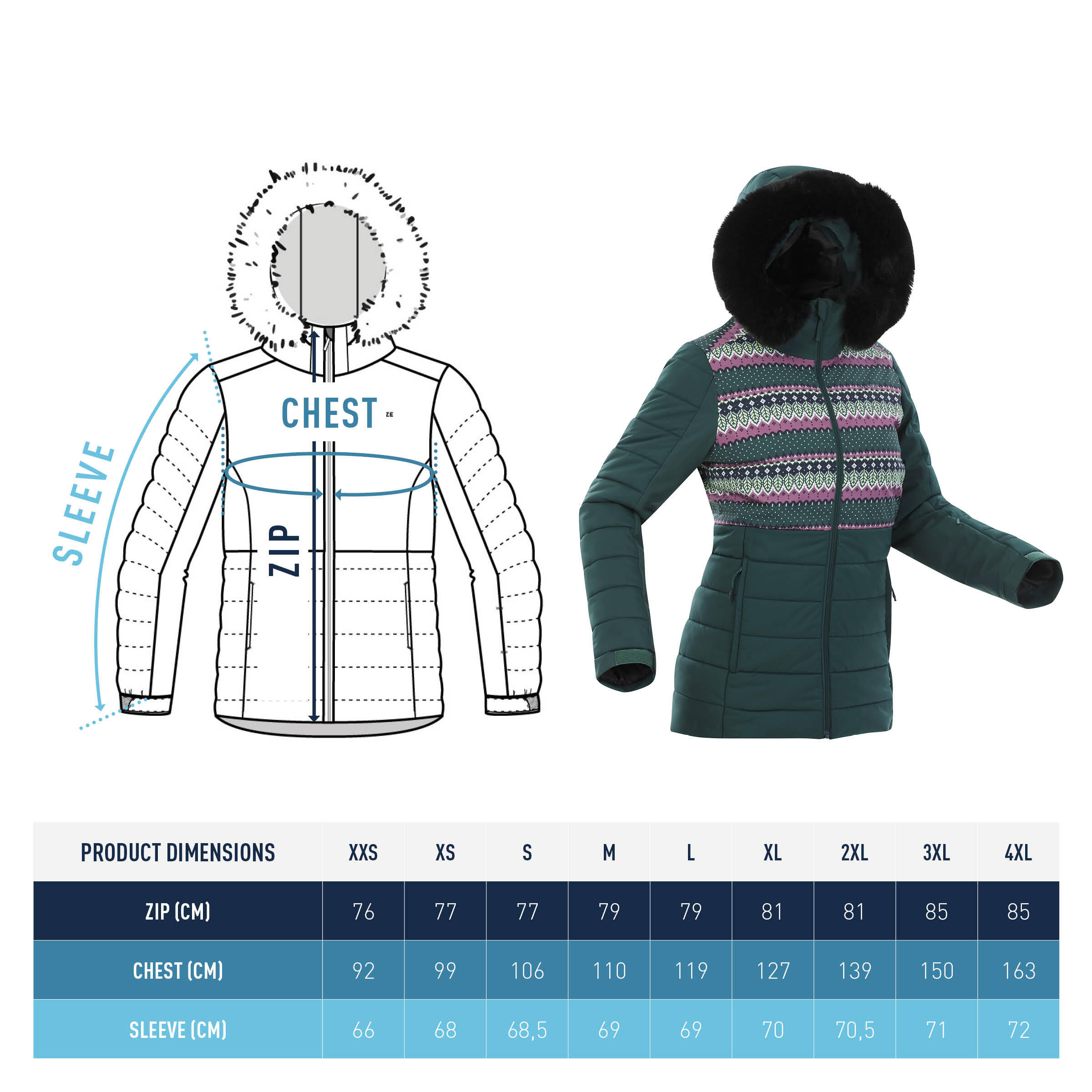 Women's Mid-Length Warm Ski Jacket - 100 Patterned 12/12