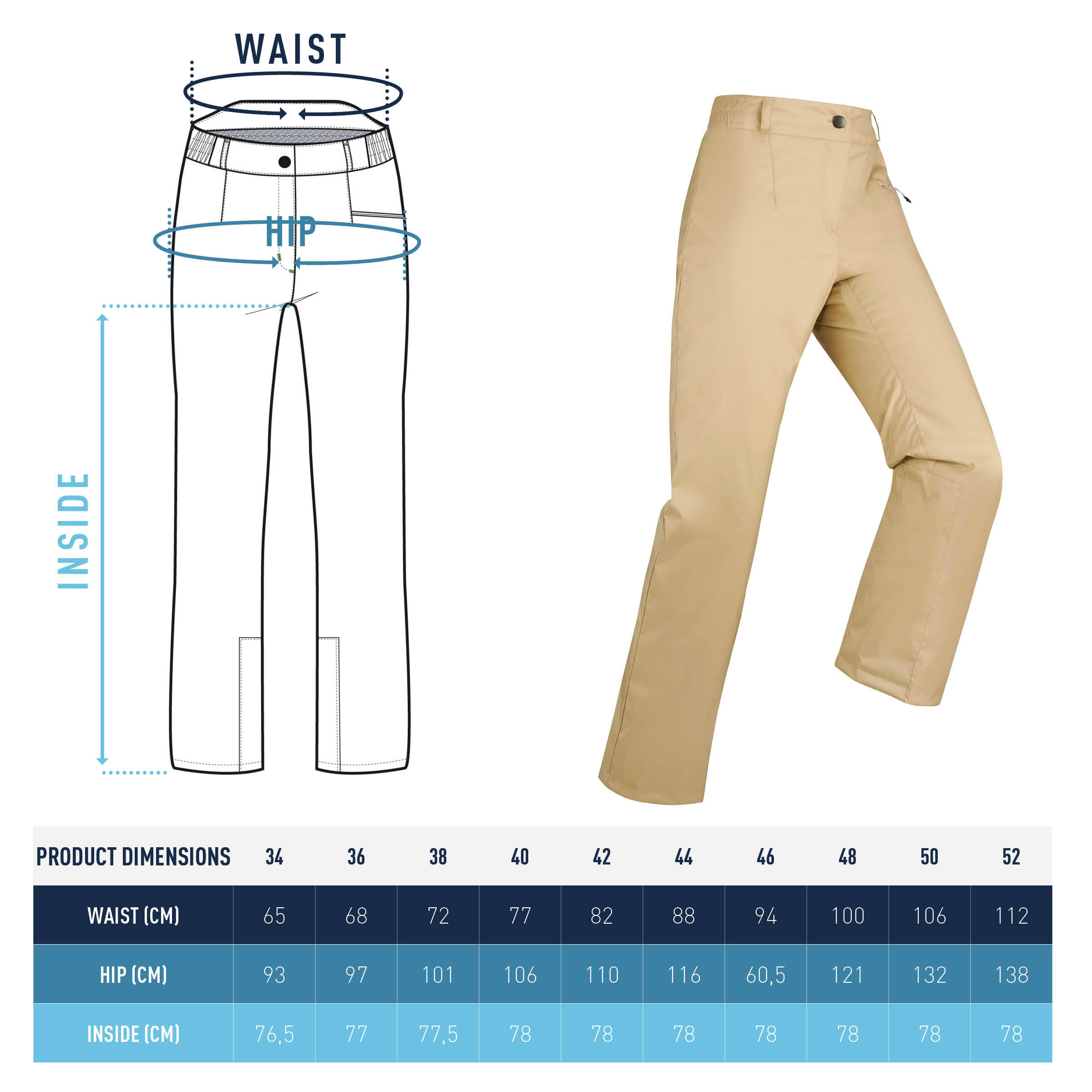 Women's Warm Winter Pants 100 Beige
