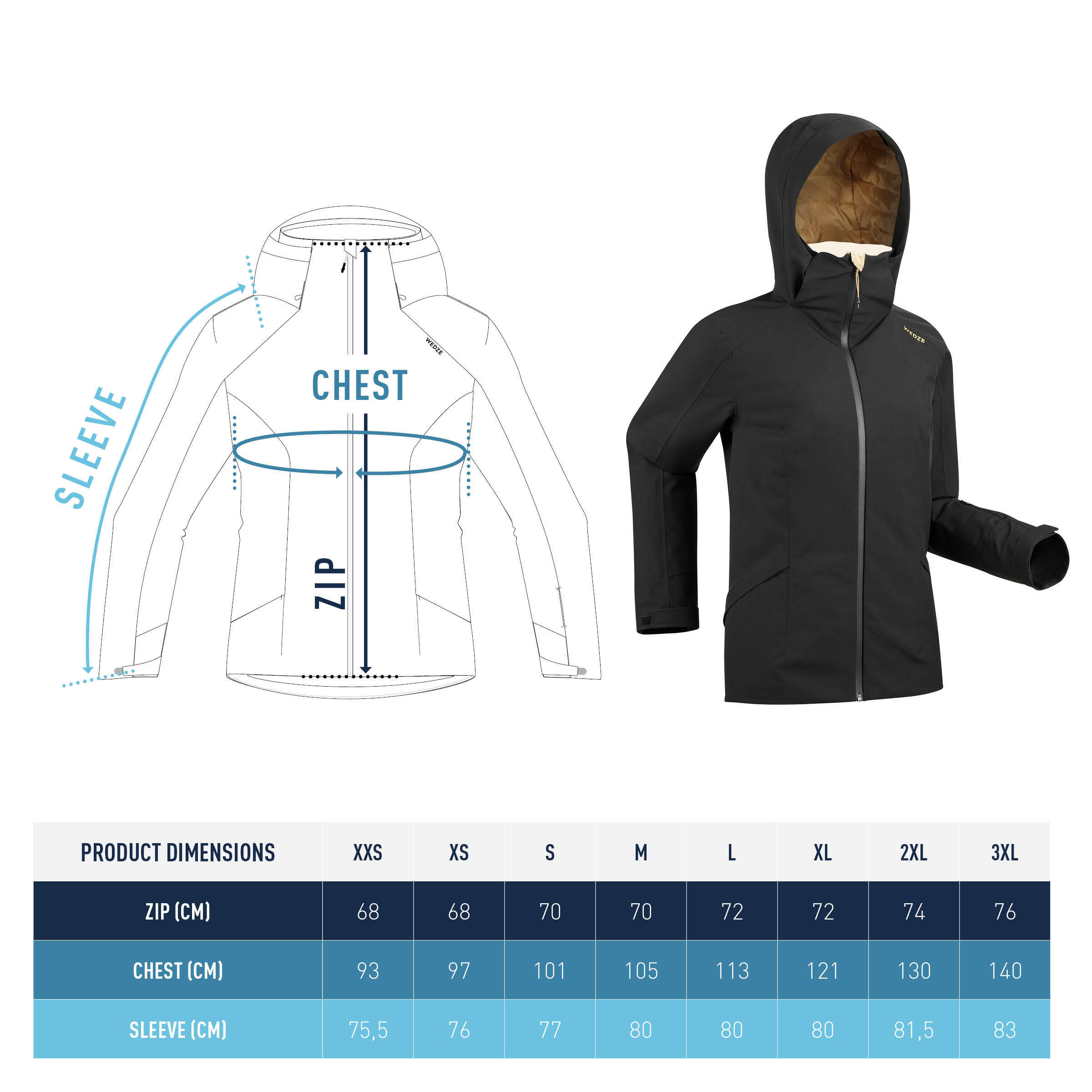 Manteau de ski chaude femme – 500 noir 13/16