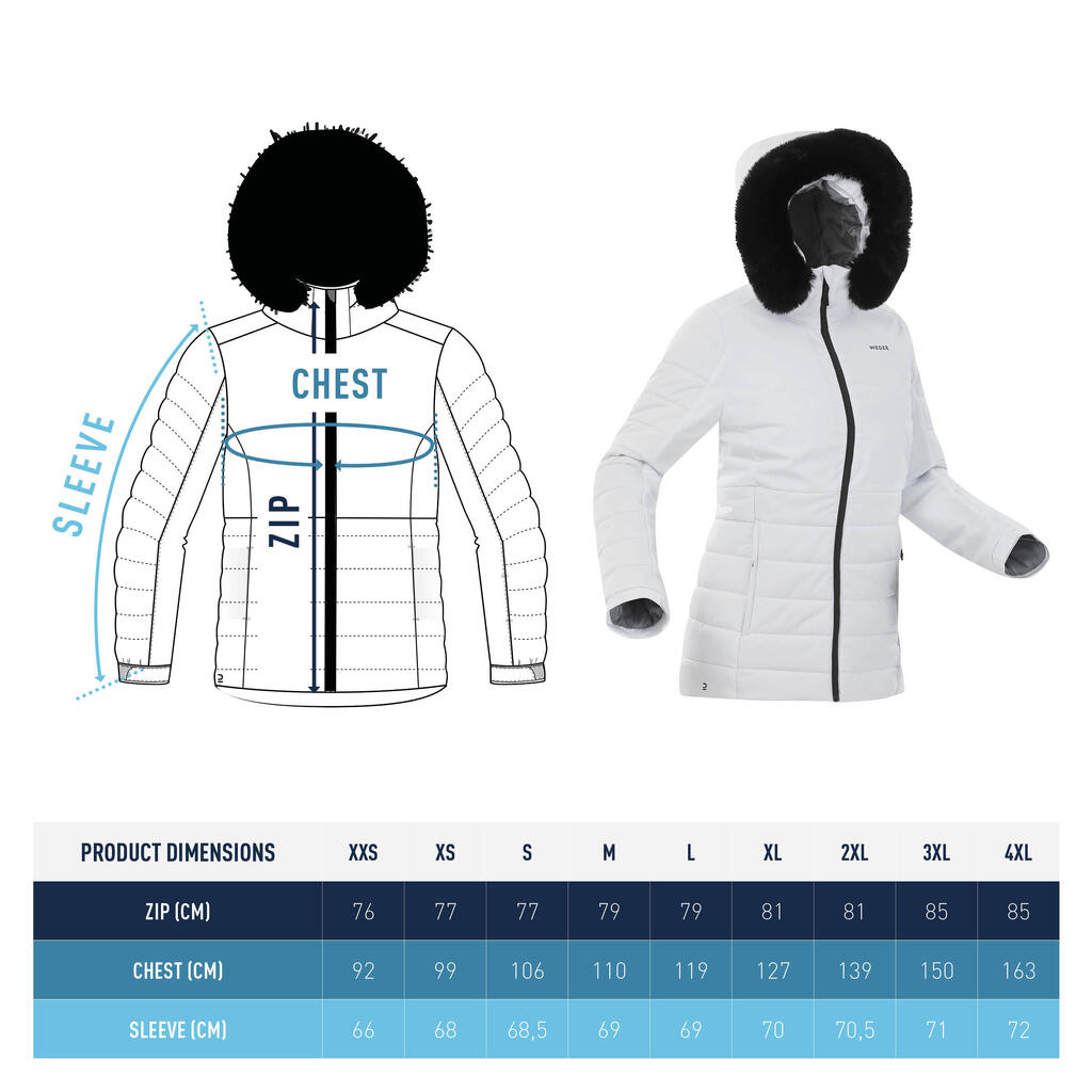 Veste de ski chaude mi-longue femme, 100 blanc