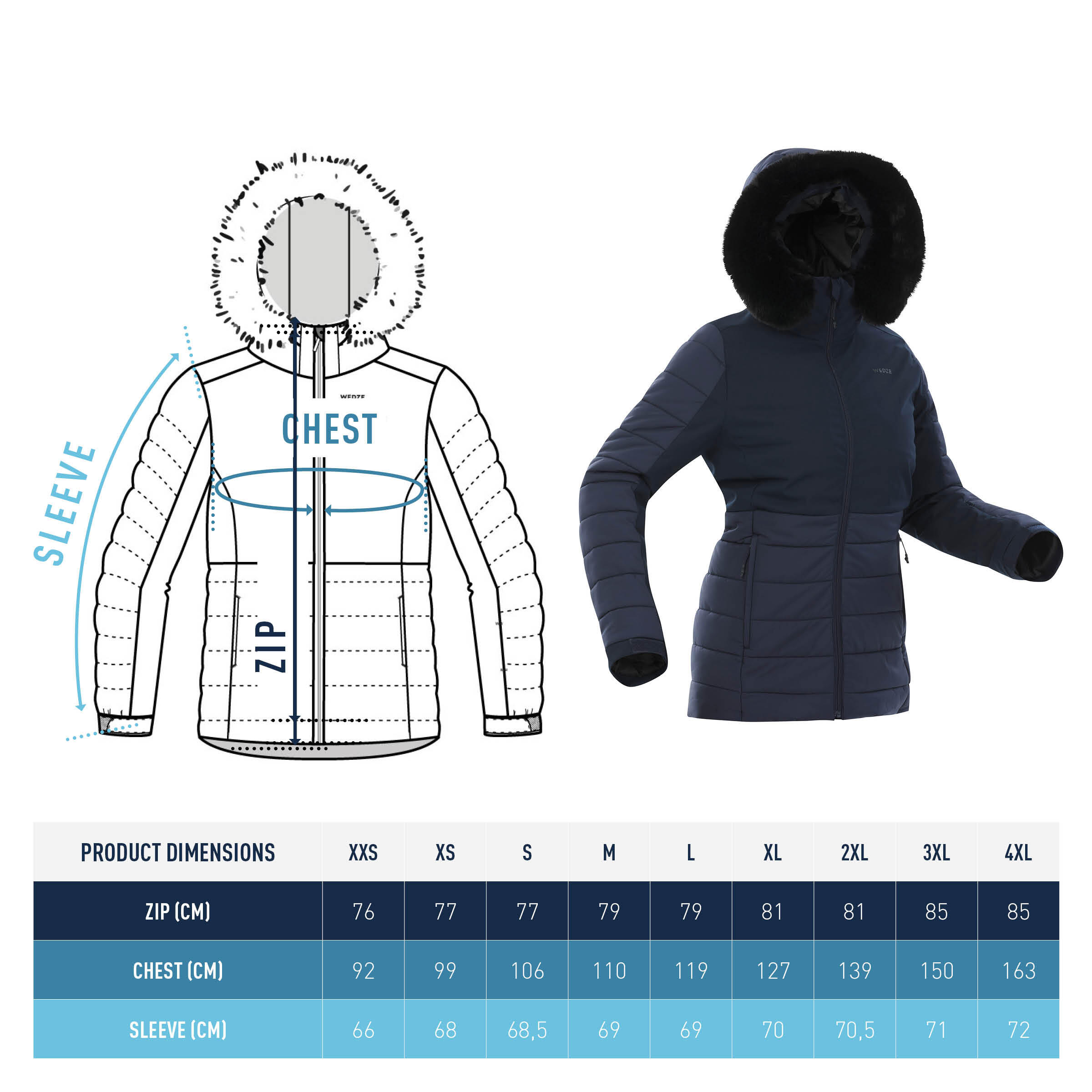 Women’s Mid-Length Warm Ski Jacket 100 - Navy Blue 12/12