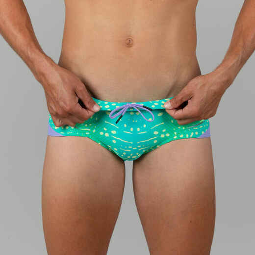 
      MEN'S SQUARE-CUT SWIMMING BRIEFS 900 BALEO GREEN YELLOW
  