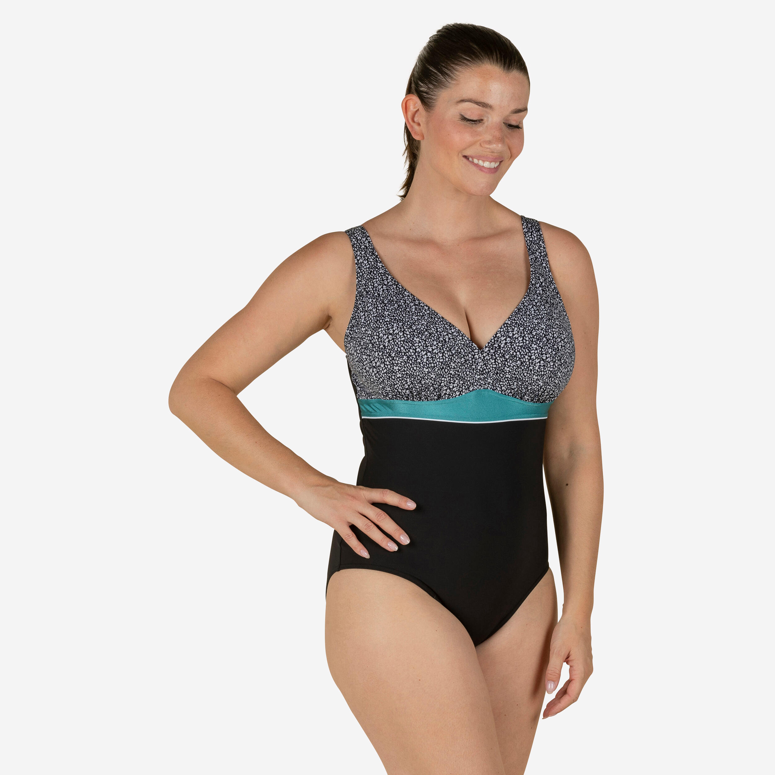 Nabaiji - Maillot De Bain Gainant Femme 1 Pièce Kaipearl Triki Leo Noir - Maillot De Bain 1 Pièce - Natation - Blanc-bleu-noir - 46l/xl - Decathlon