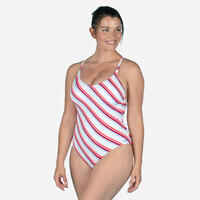 Bañador Mujer natación rayas blanco rosa coral