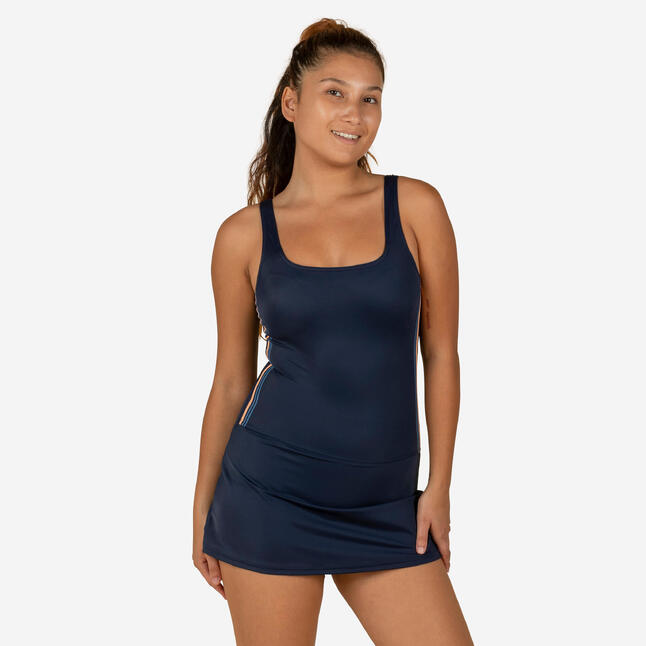 Women's Heva 1-piece swimsuit with skirt navy stripes NABAIJI - Decathlon