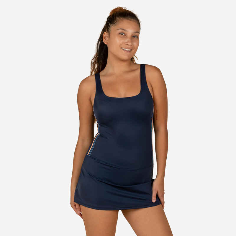 Women's Heva 1-piece swimsuit with skirt navy stripes - Decathlon