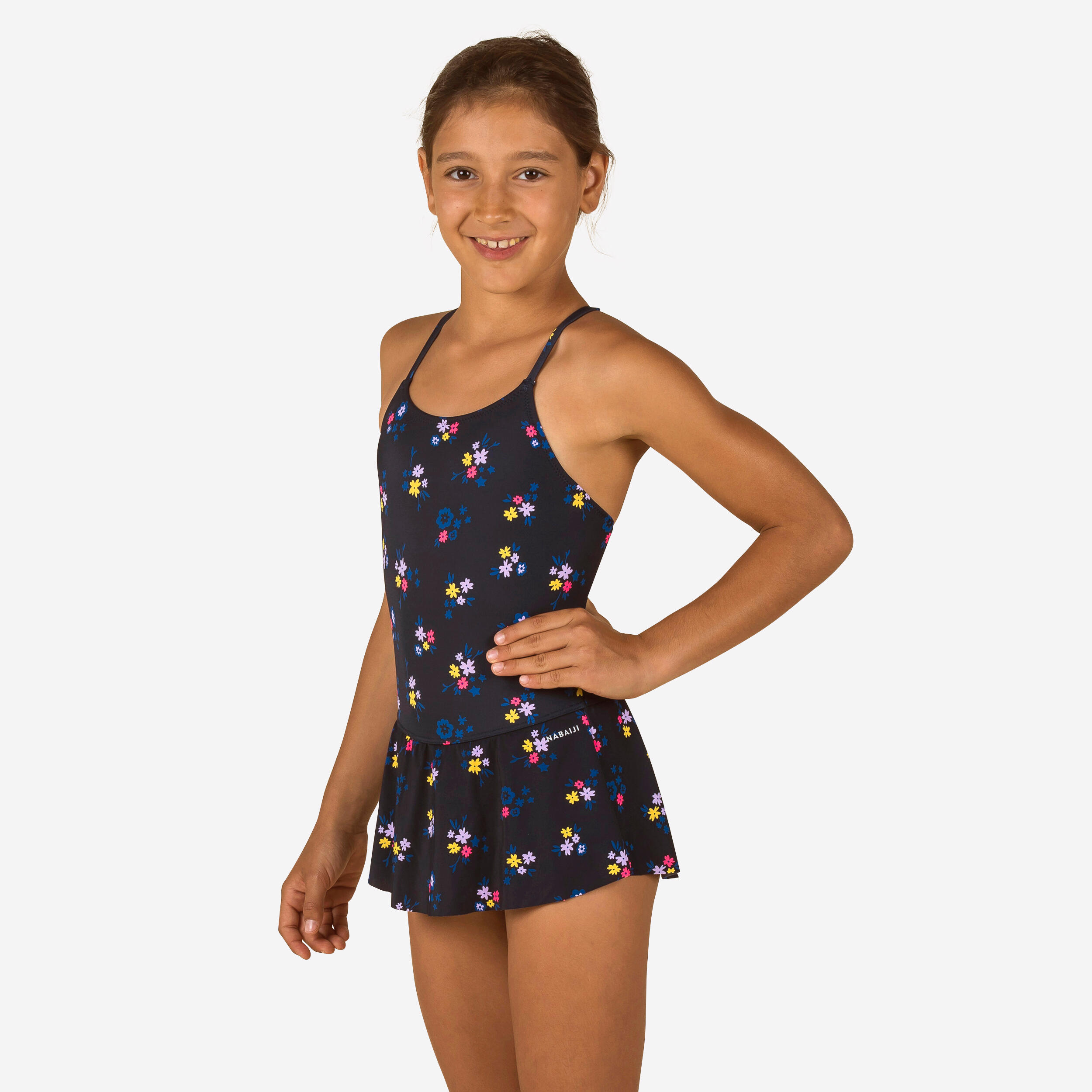 Lila Navy 100 Girls Swimming One-Piece Swimsuit/Skirt - Lily navy 1/4
