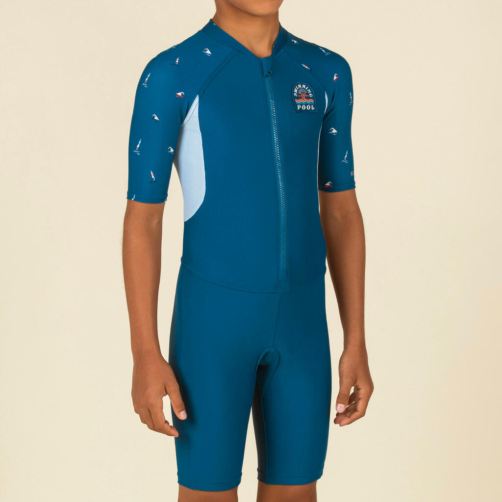 Combinaison garçon - shorty 100 manches courtes - bleu canard / vert