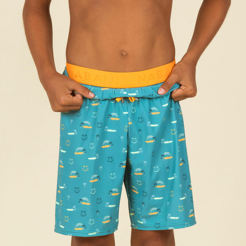 Lange zwemshort voor jongens 100 Long Smile turquoise/oranje