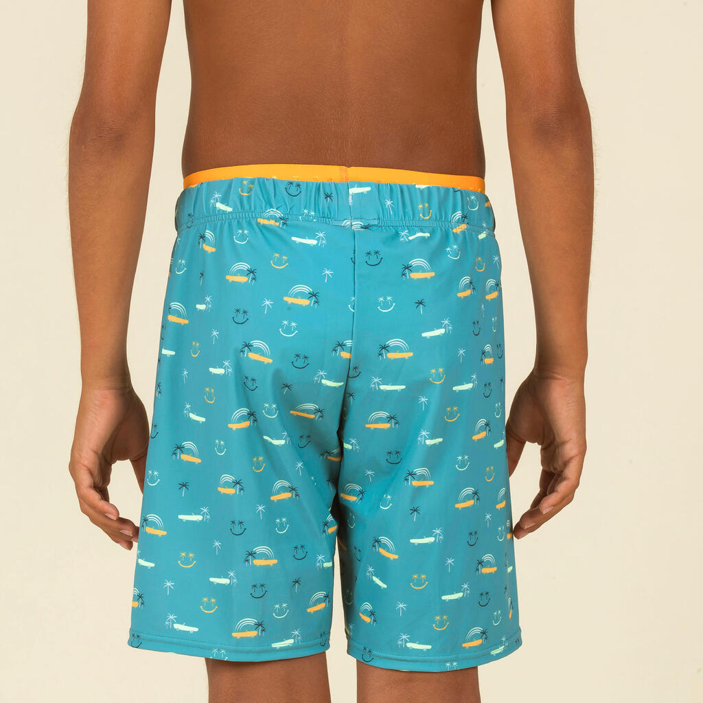 Maillot De Bain Short Natation Garçon - 100 Long - Smile Turquoise / Orange