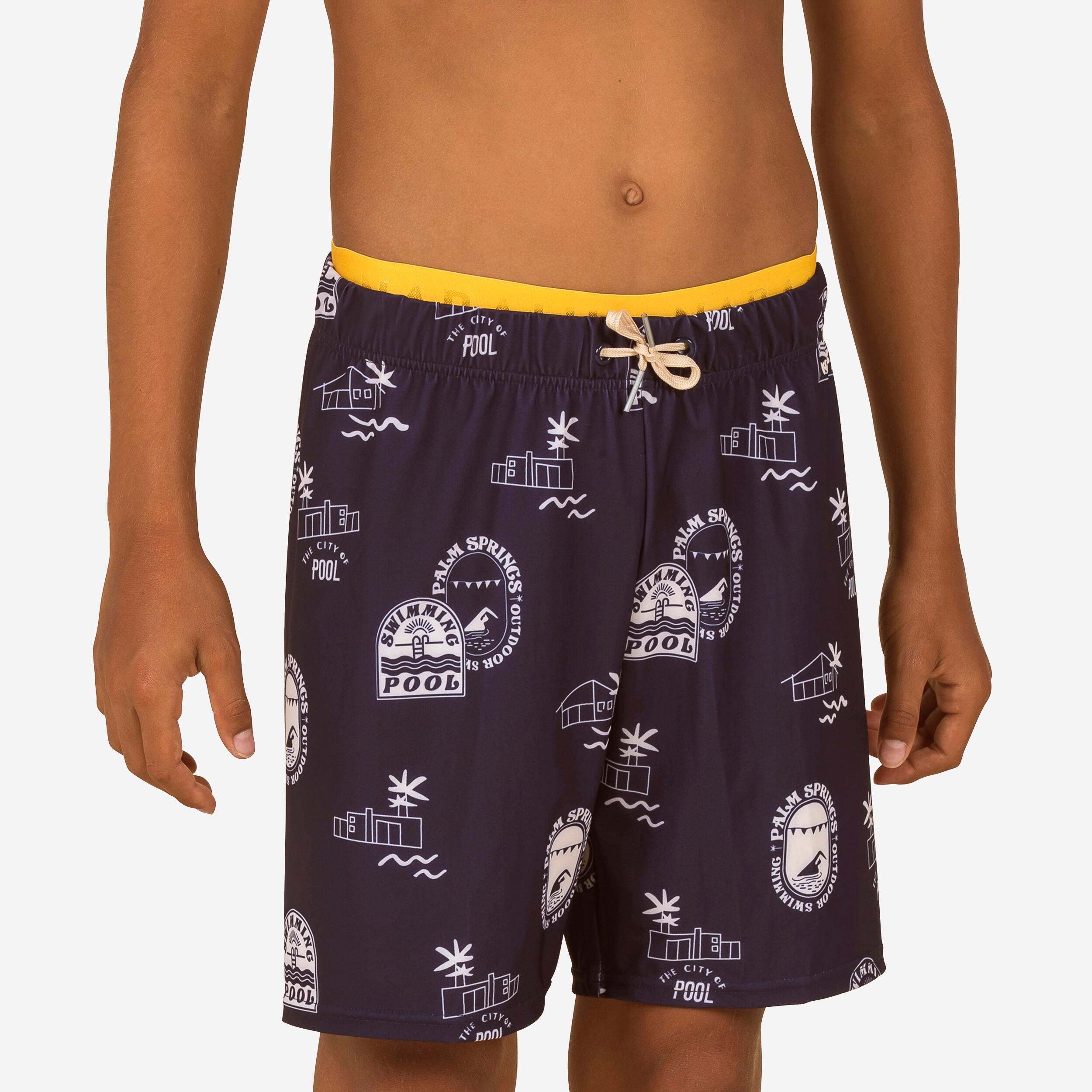 Boy's Swim Shorts - 100 Long - Pool Navy Blue / Ochre 1/4