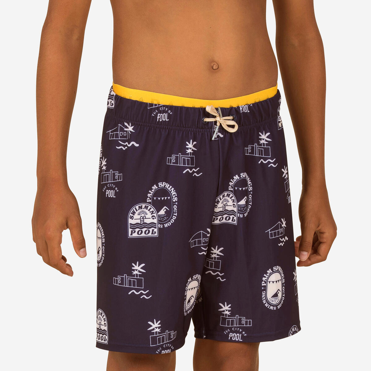 Maillot De Bain Short Natation Garçon - 100 Long - Pool Bleu Marine / Ocre