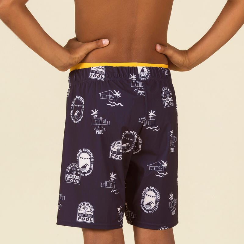 Boy's Swim Shorts - 100 Long - Pool Navy Blue / Ochre