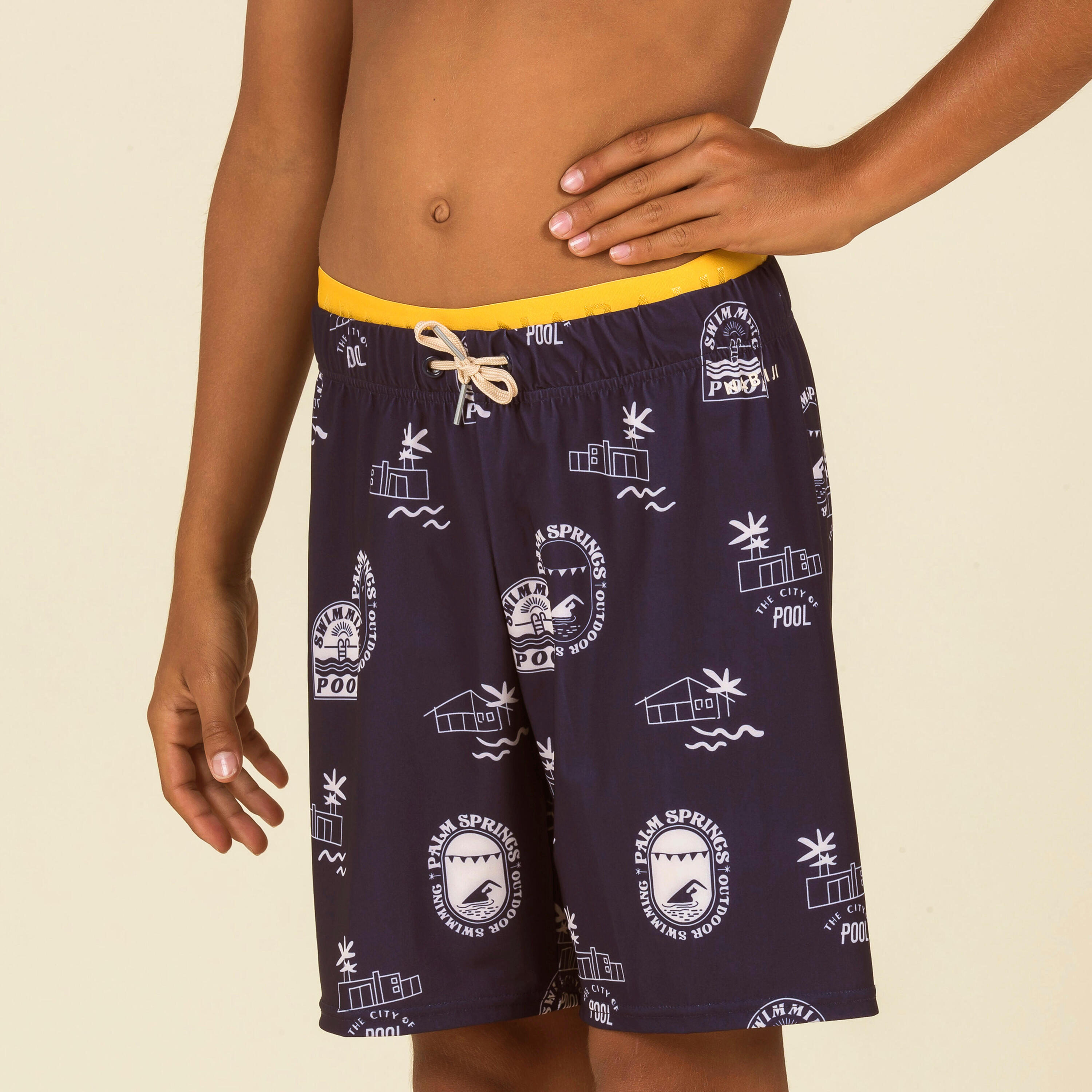 Boy's Swim Shorts - 100 Long - Pool Navy Blue / Ochre 2/4