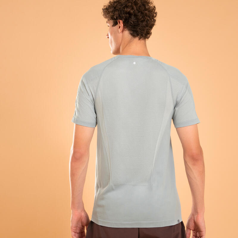 T-shirt de yoga seconde peau manches courtes homme, gris argent et bleu délicat