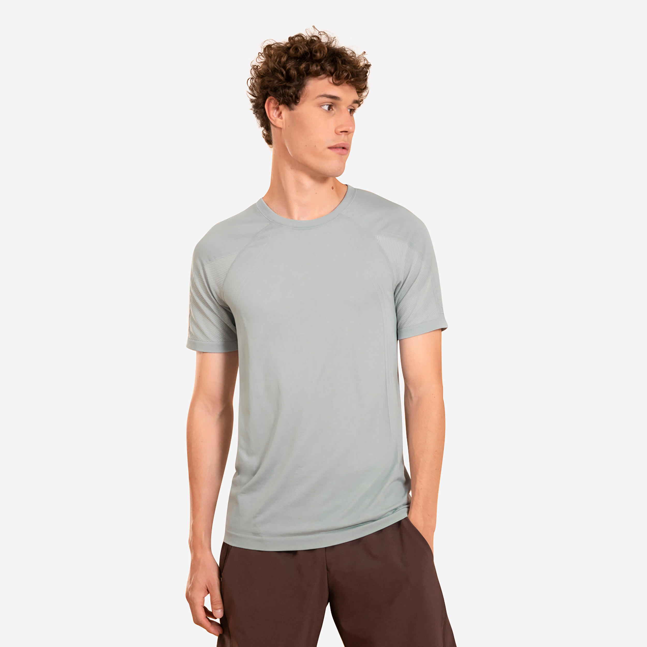 T-SHIRT SEAMLESS YOGA HOMME SECONDE PEAU GRIS CLAIR