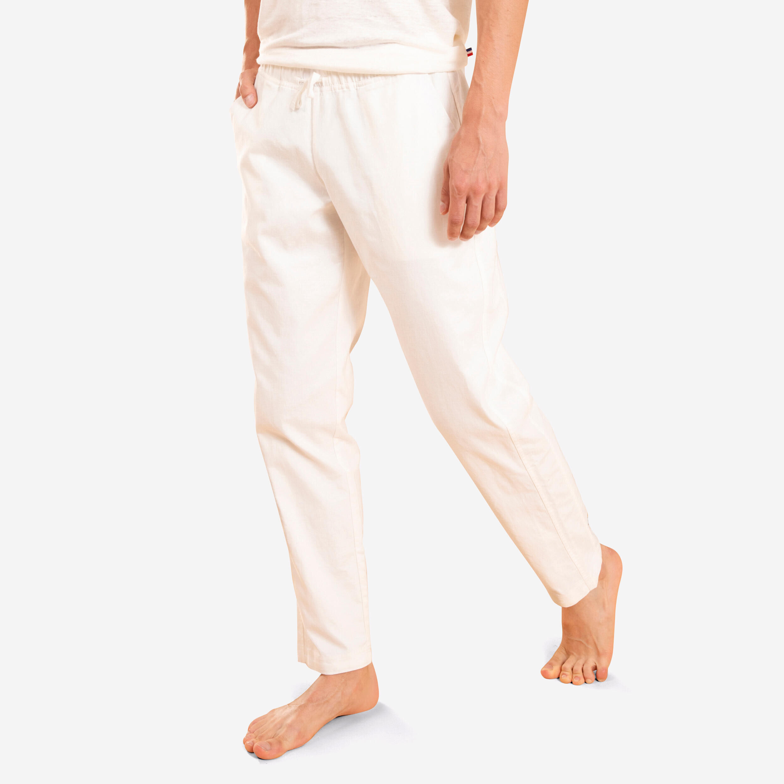 KIMJALY Men's Gentle Yoga Linen/Cotton Woven Bottoms - White