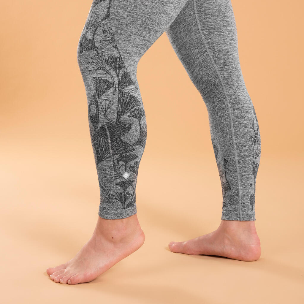 7/8-Leggings Yoga nahtlos Gingko-Motiv - graumeliert 