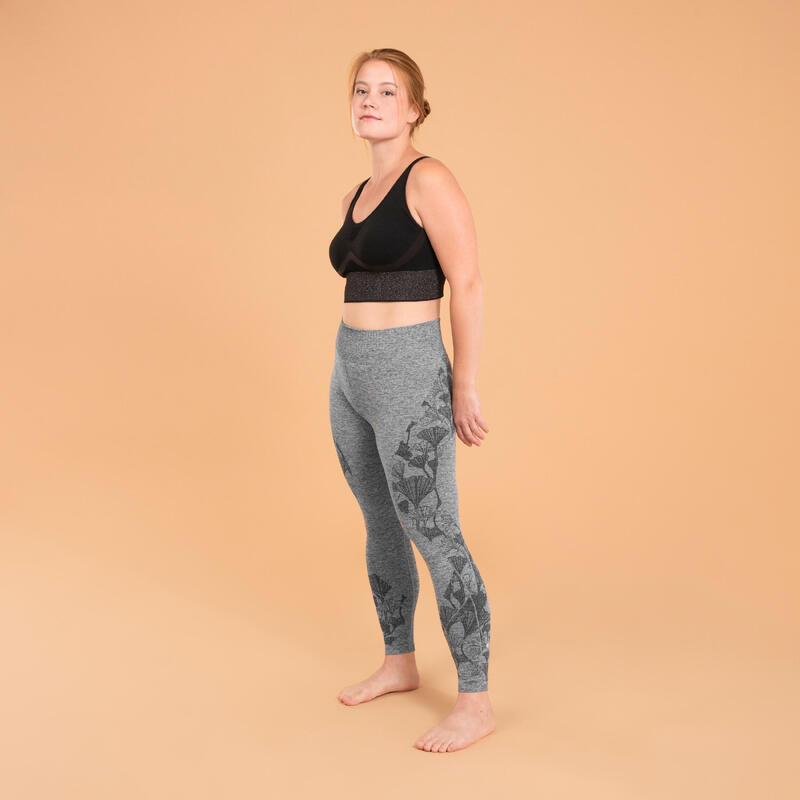 Naadloze 7/8-legging yoga gingko motief gemêleerd grijs