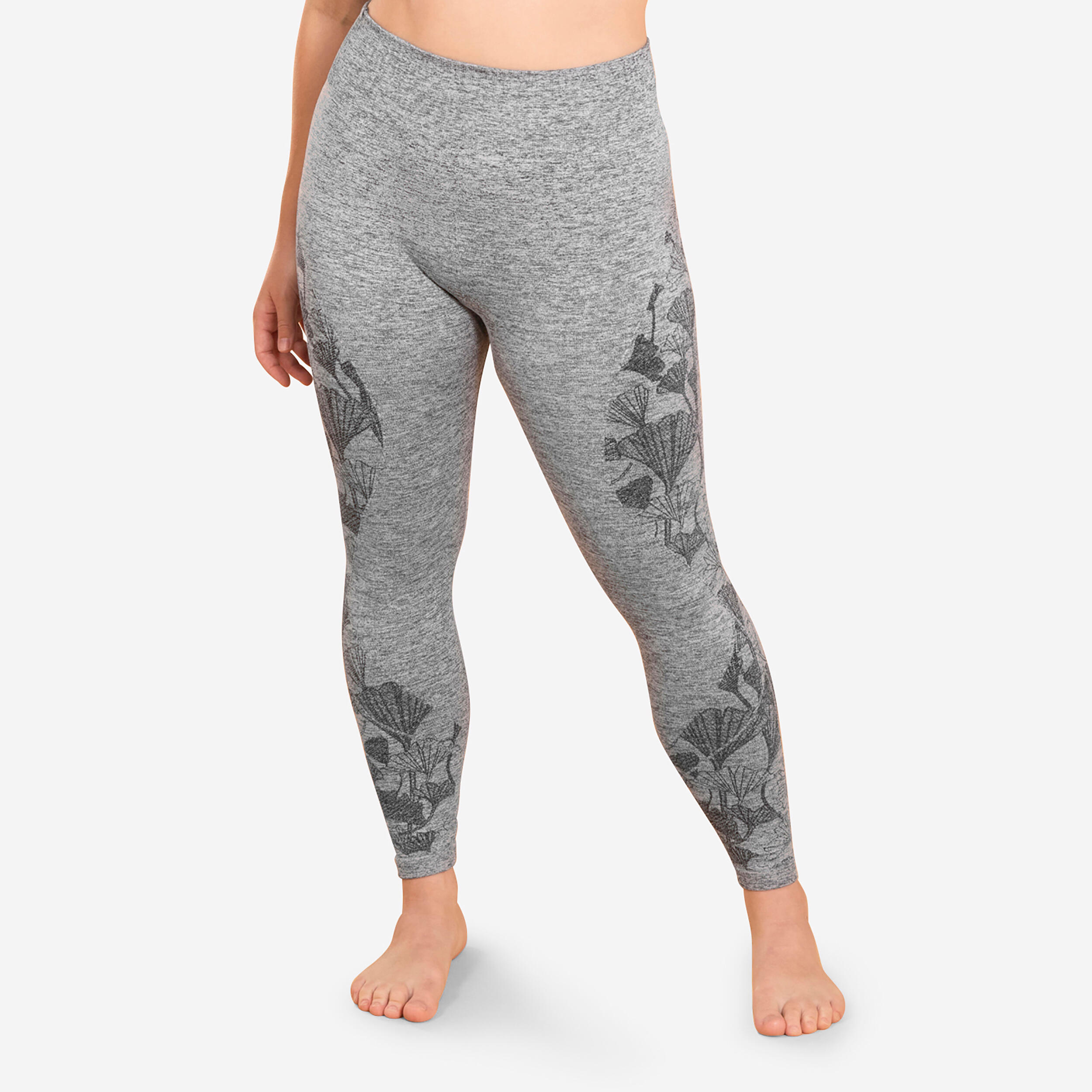 7 8 Seamless Yoga Leggings Gingko Motif Mottled Grey Decathlon