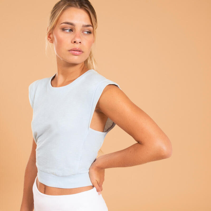T-SHIRT CROP TOP YOGA MULHER AZUL-CLARO