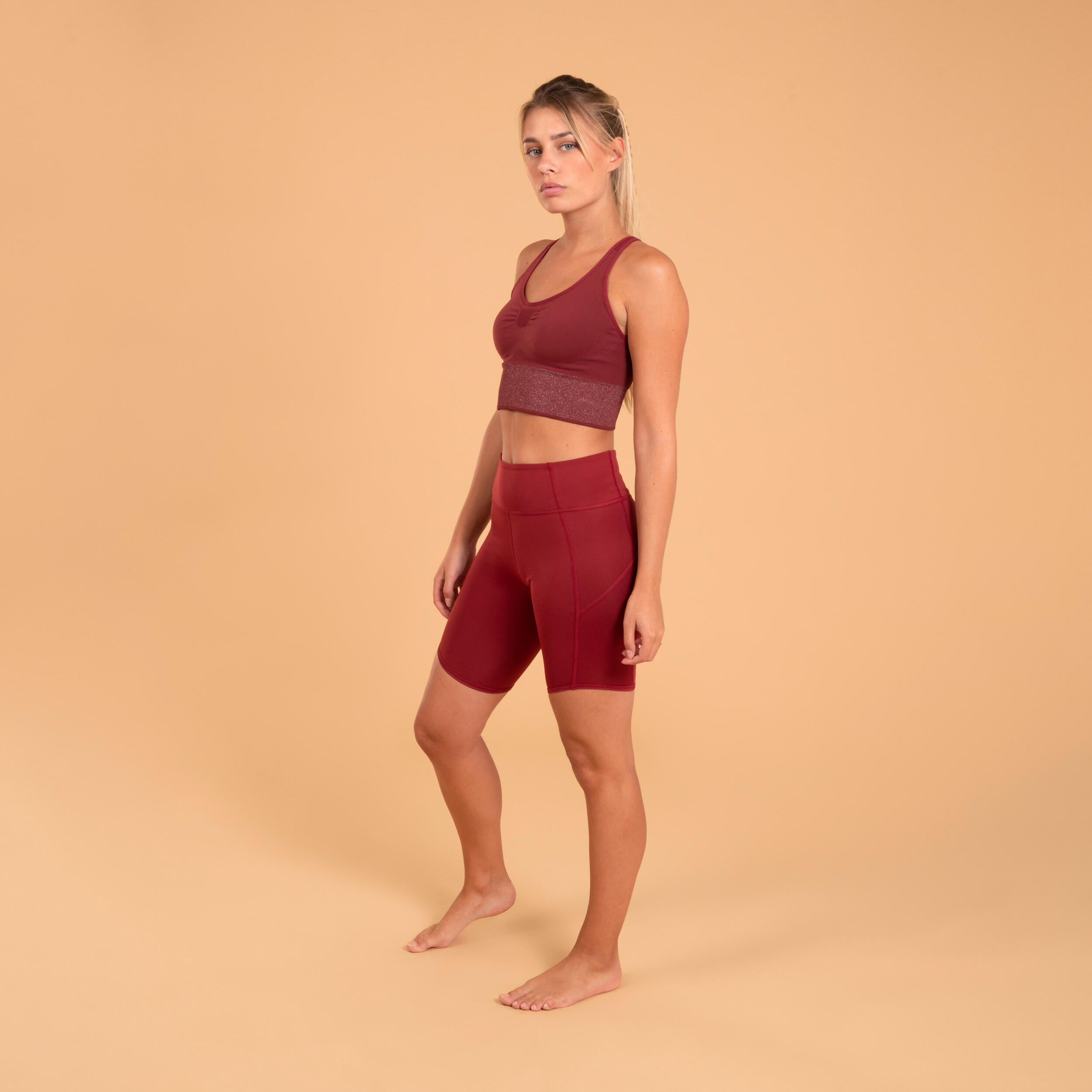 Women's Yoga Cropped Sports Bra - Burgundy 3/4