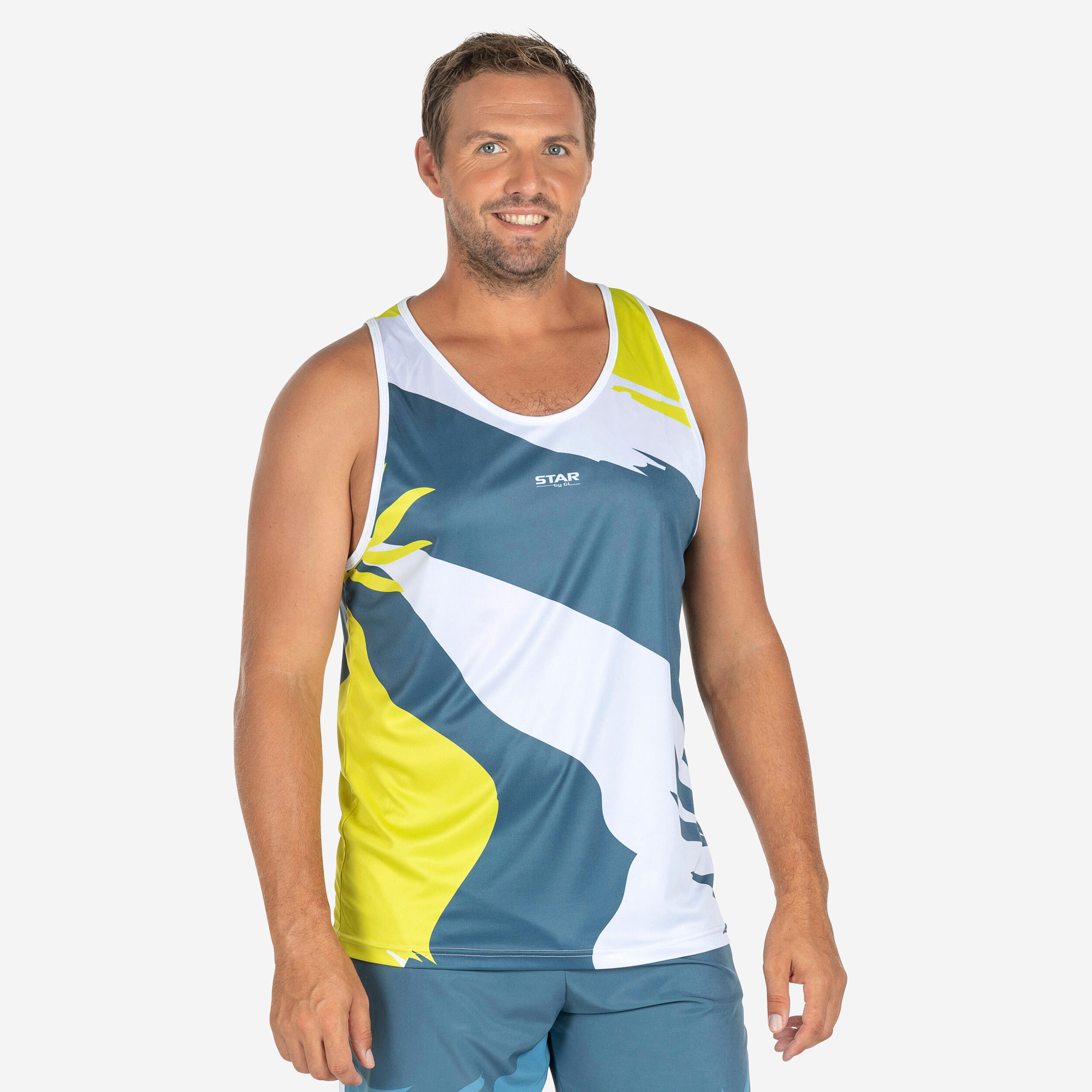 Star By Gl - Débardeur Homme Star By Gl Pour Sports De Plage - T-shirt Sans Manche - Volleyball / Beach Volley - Blanc-bleu-jaune-vert - 38 S -