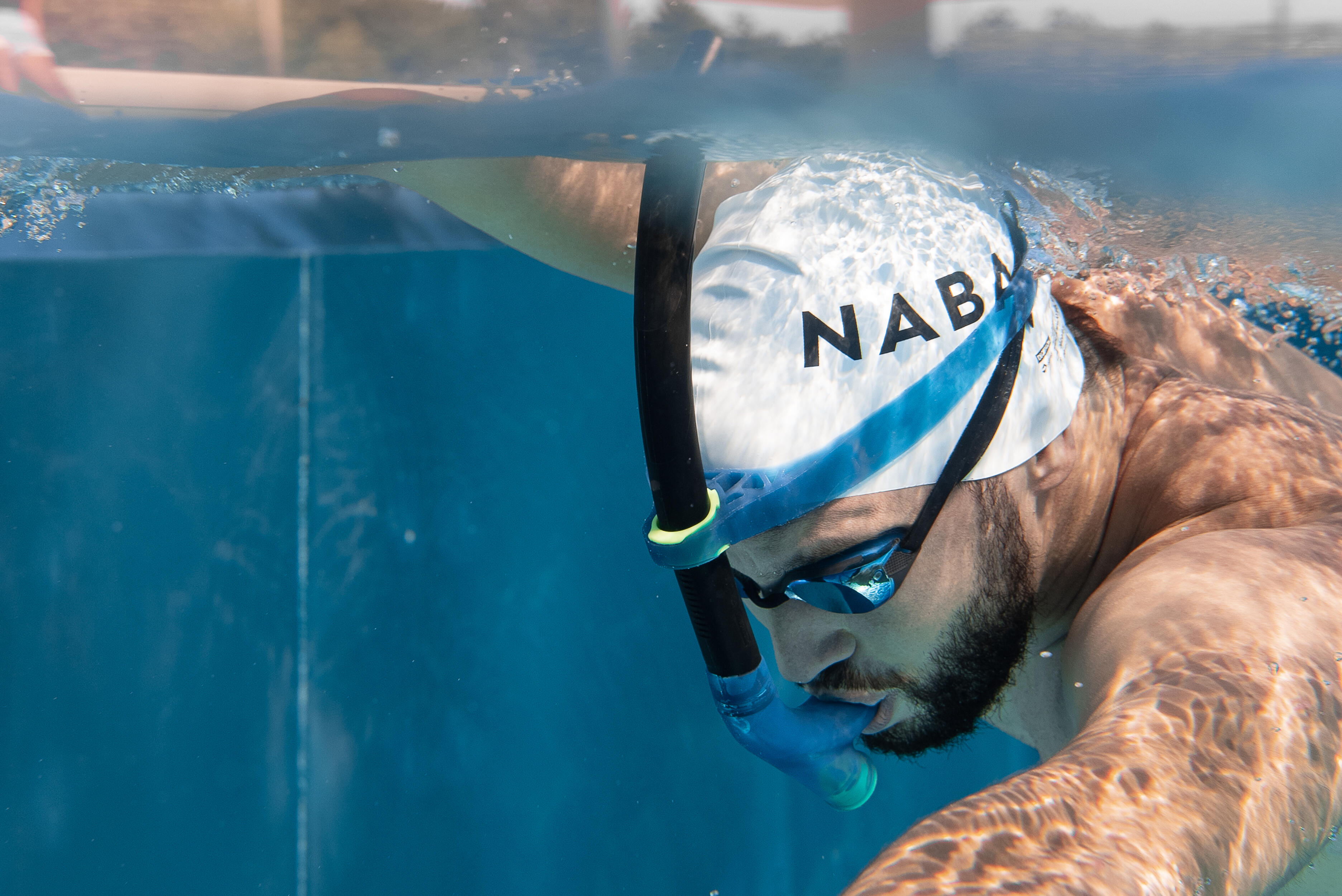 Swimming Front-mounted Snorkel Size L - 500 Blue/Yellow - NABAIJI