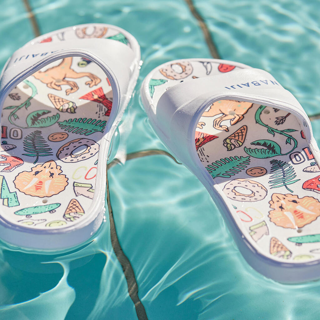 Sandale claquette piscine enfant slap 500 print dino blanc