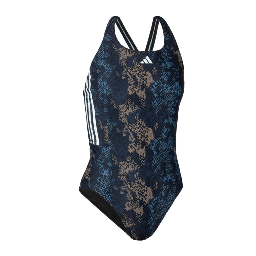 Sieviešu kopējais peldkostīms ar grafisku 3 svītru dizainu “Adidas”, zils, pelēks