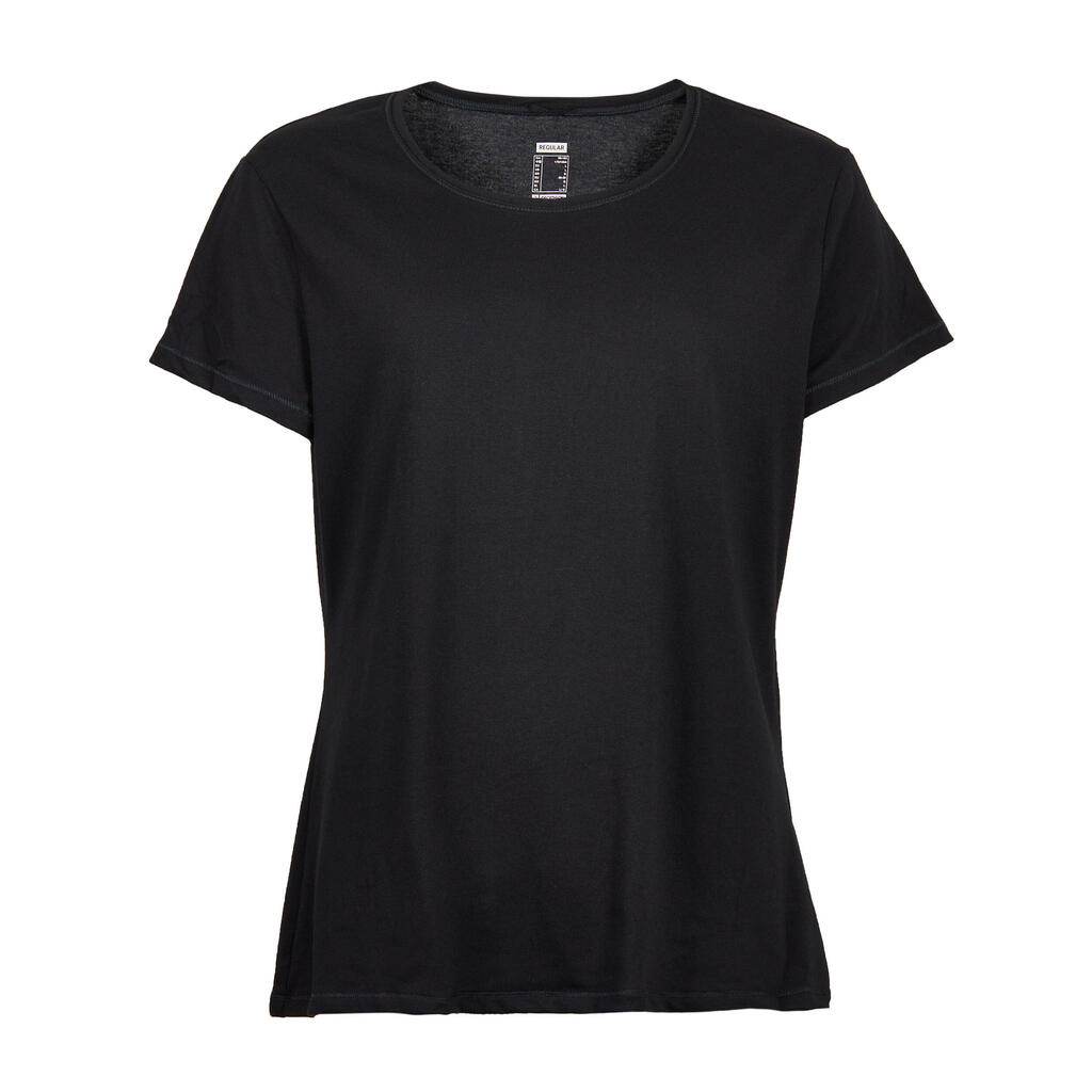 T-shirt fitness manches courtes droit coton extensible col rond femme noir