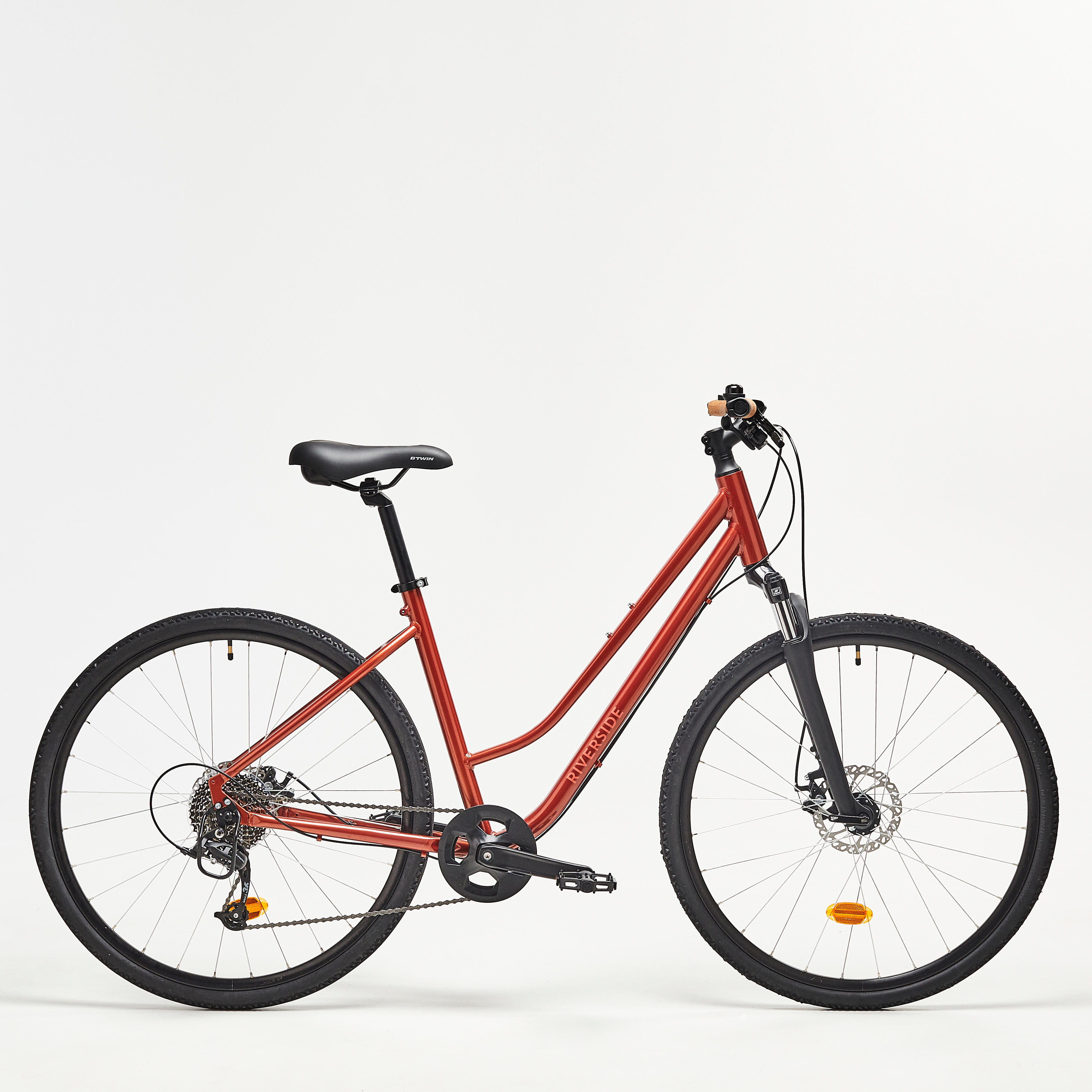 Low Step Through Hybrid Bike Riverside 500 Brick Red Decathlon