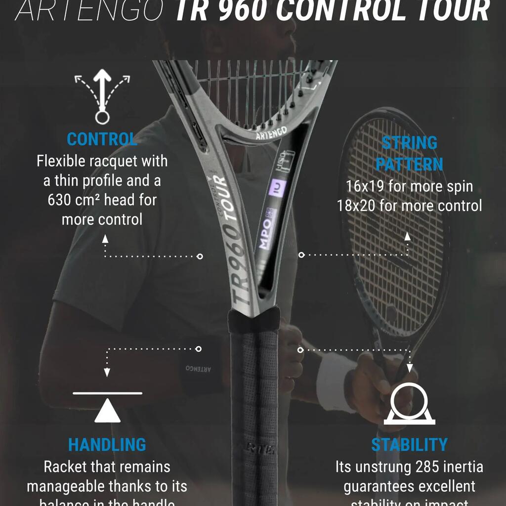 Tenisová raketa TR960 Control Tour 18 × 20 bez výpletu sivá