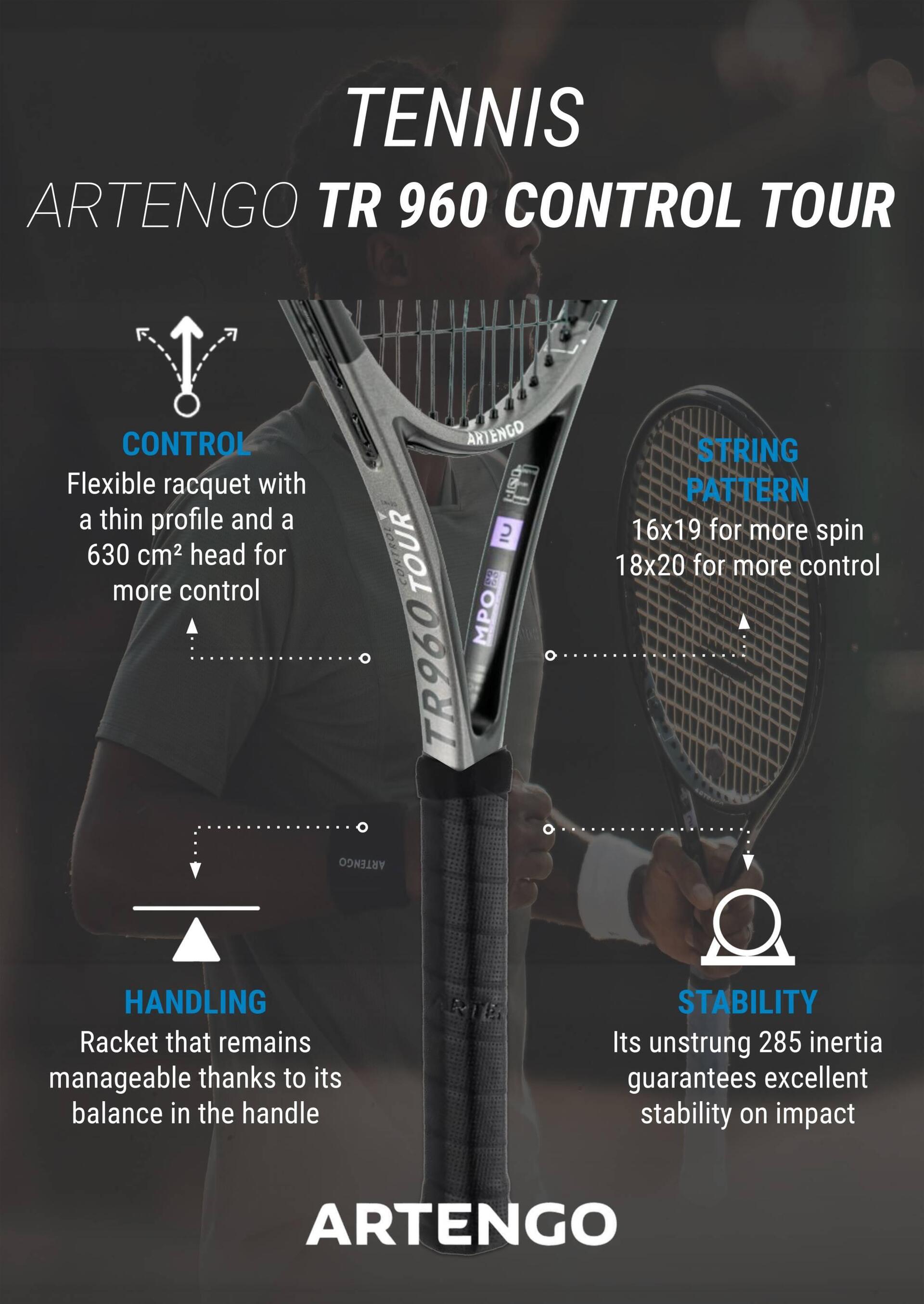 Adult Tennis Racket Control Tour TR960 18x20 Unstrung - Grey