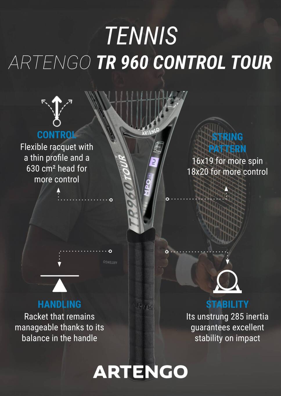Adult Tennis Racket Control Tour TR960 18x20 Unstrung - Grey - GAËL ...
