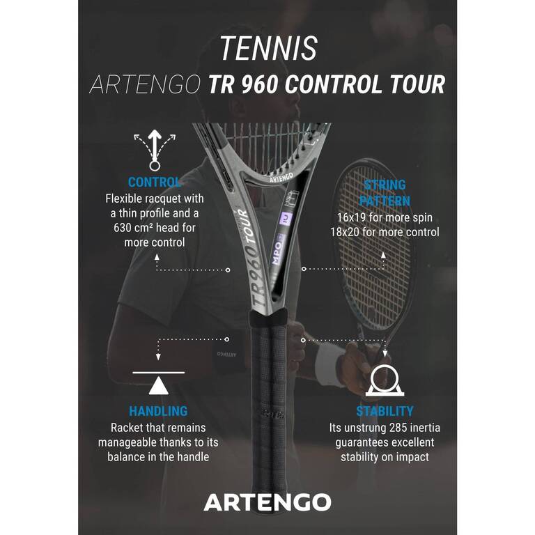 Adult Tennis Racket Control Tour TR960 18x20 Unstrung - Grey - GAËL MONFILS