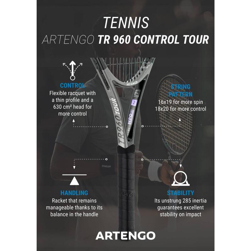 Rachetă Neracordată Tenis TR960 Control Tour 18x20 Gri Adulți