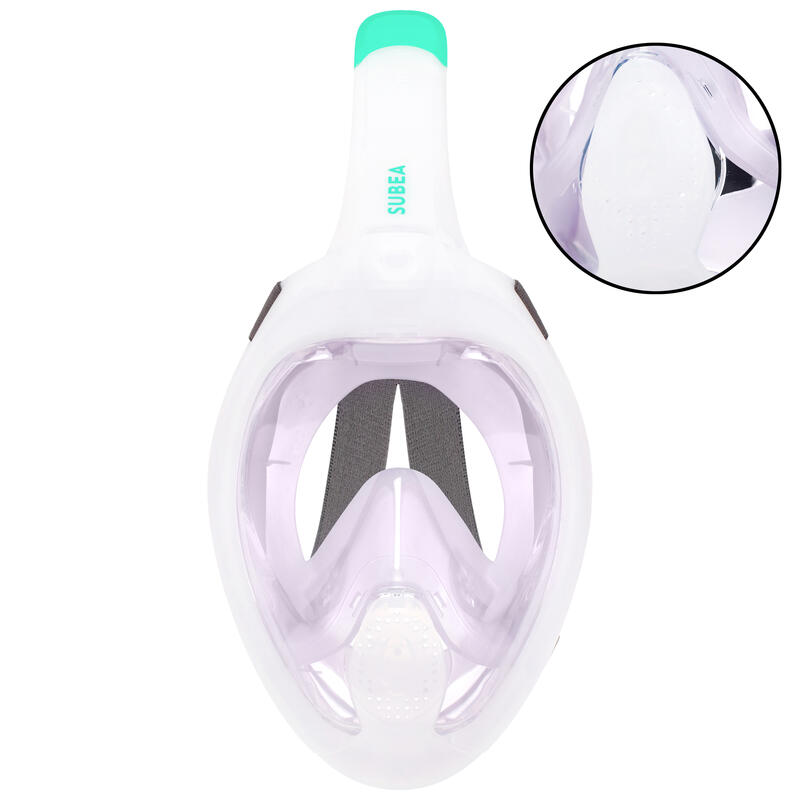 Maschera snorkeling adulto EASYBREATH 540 FREETALK superficie valvola acustica lilla