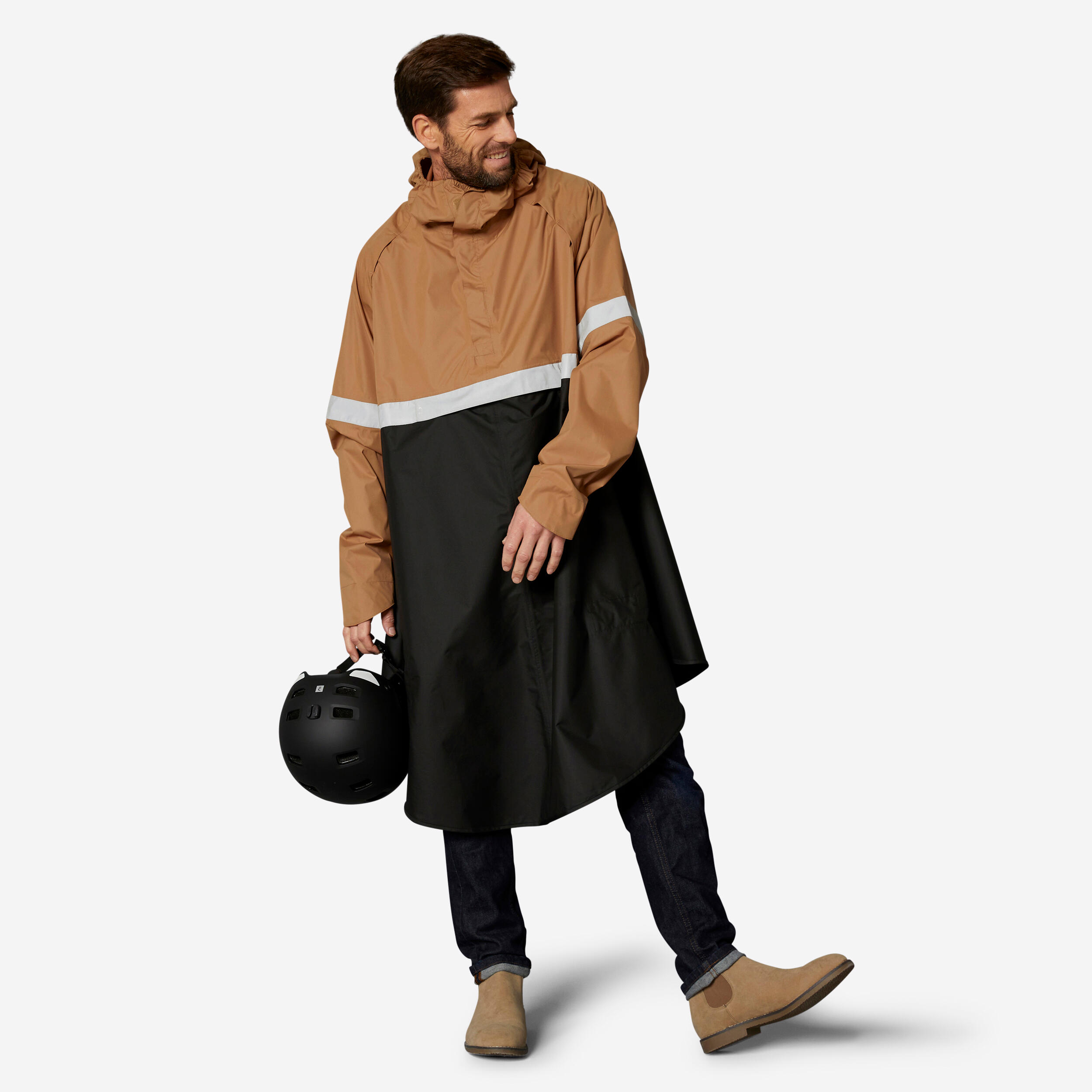 Btwin - Poncho Pluie Visibilite Nuit Velo Ville 540 Noir Camel - Poncho - Velos Et Equipements Ville / Pliant - Marron-noir-ocre - 42m/l - Decathlon